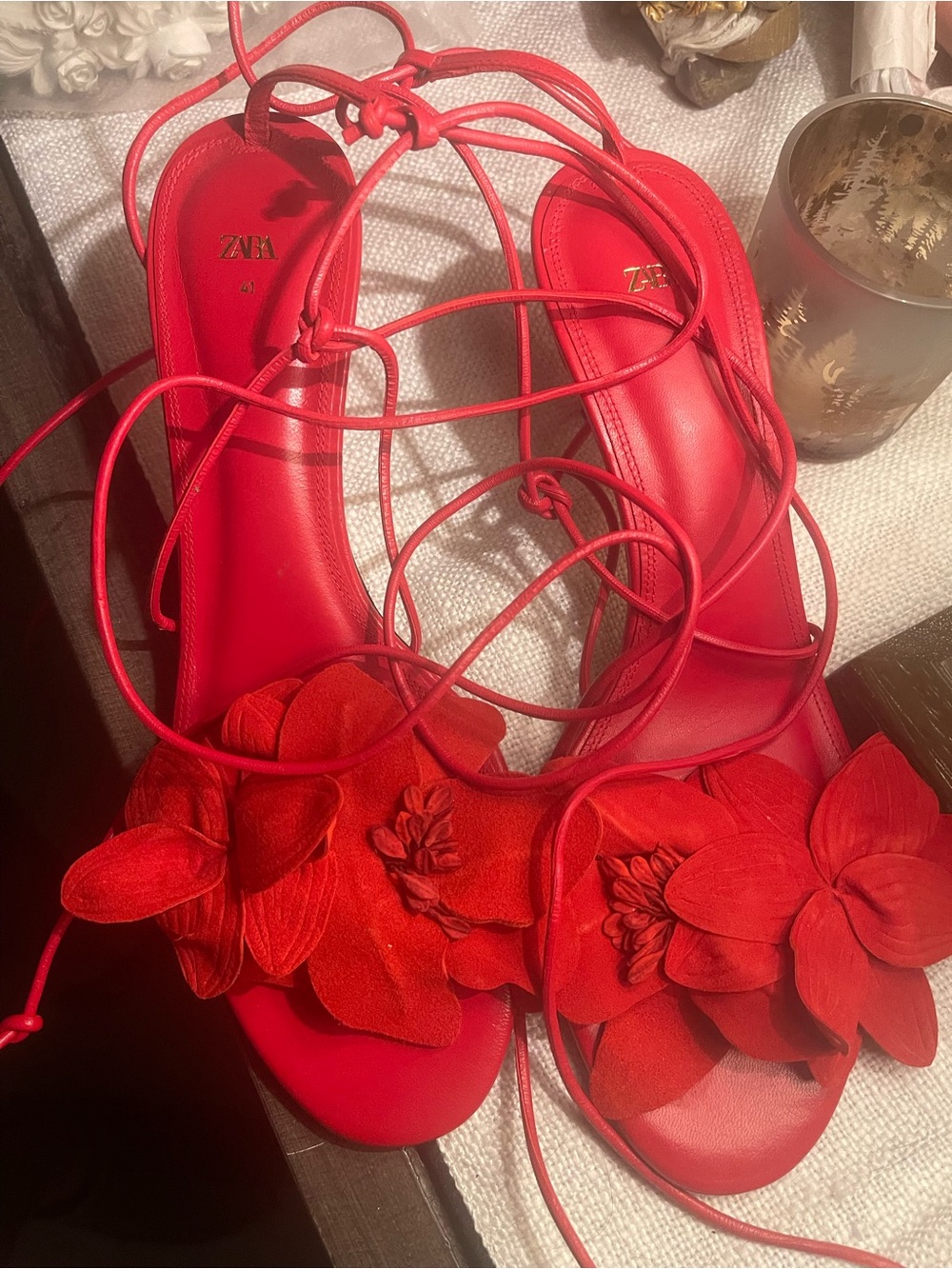 Zara Red Floral Lace-Up heels with Ankle Tie